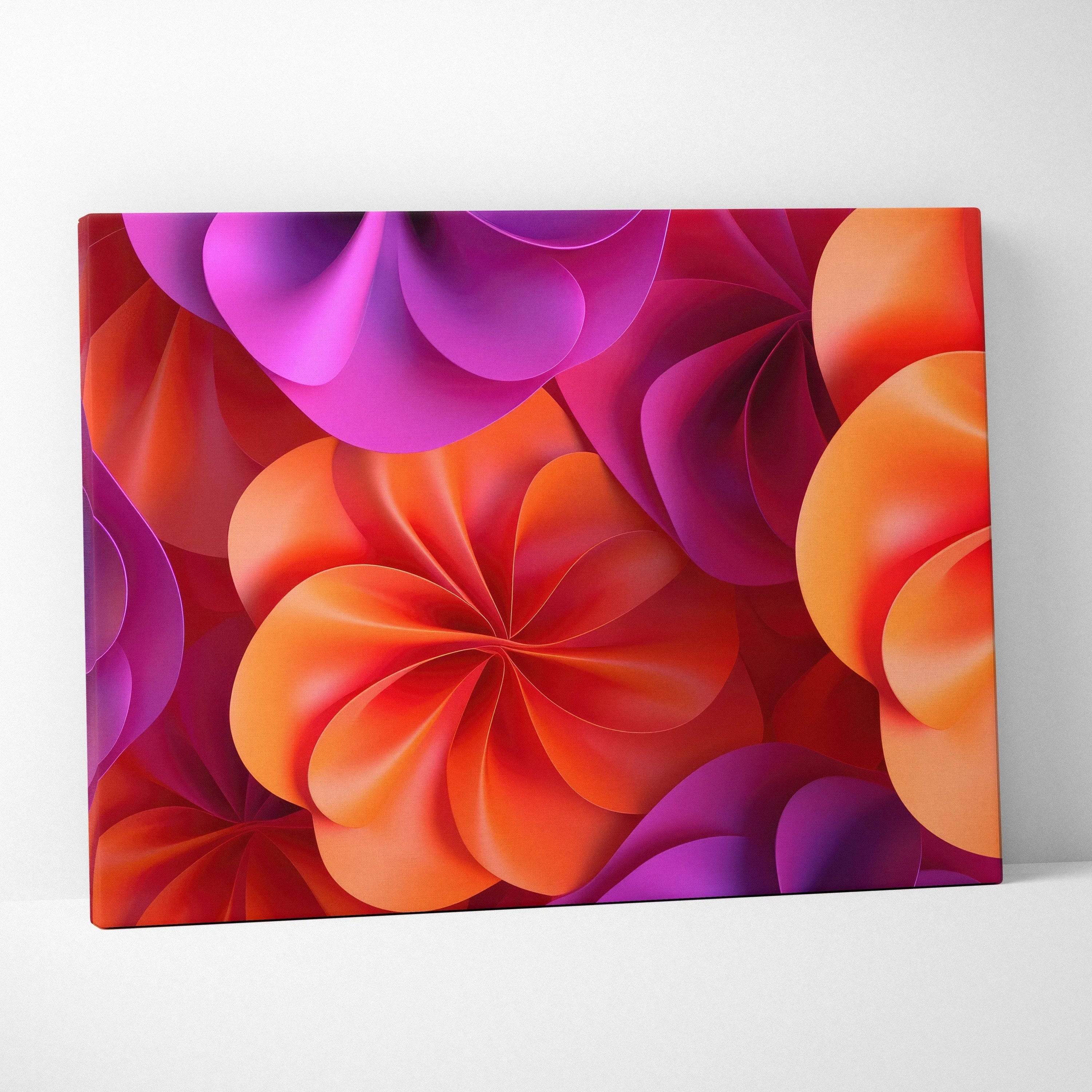 Vibrant abstract canvas art with swirling orange and purple floral shapes, colorful wall art print.
