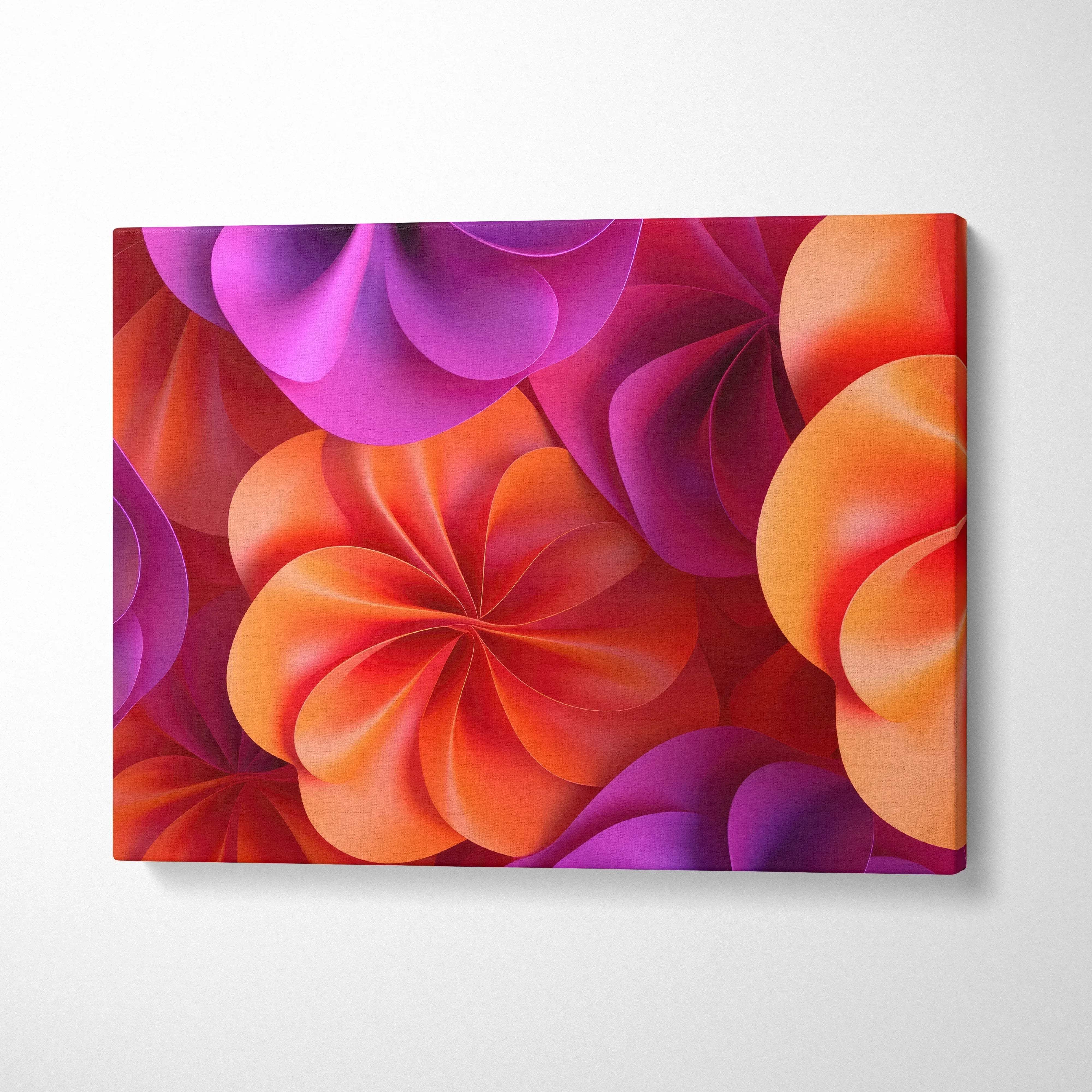 Vibrant abstract canvas art with swirling orange and purple floral shapes, wall art decor.