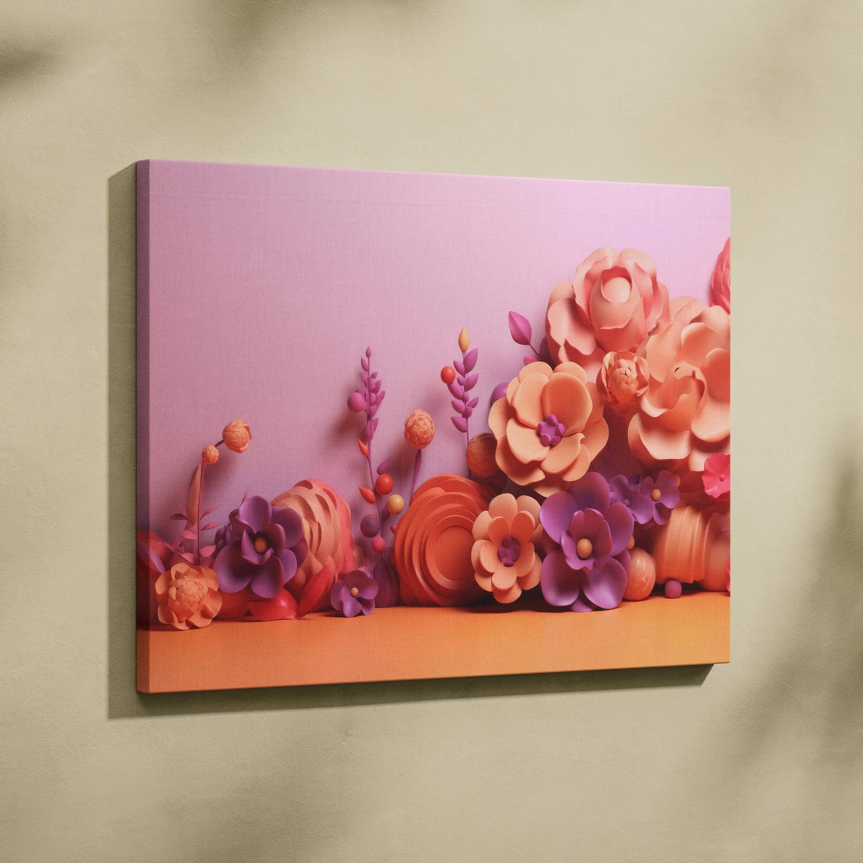 Pink and orange floral abstract canvas art with layered 3D digital design wall art.