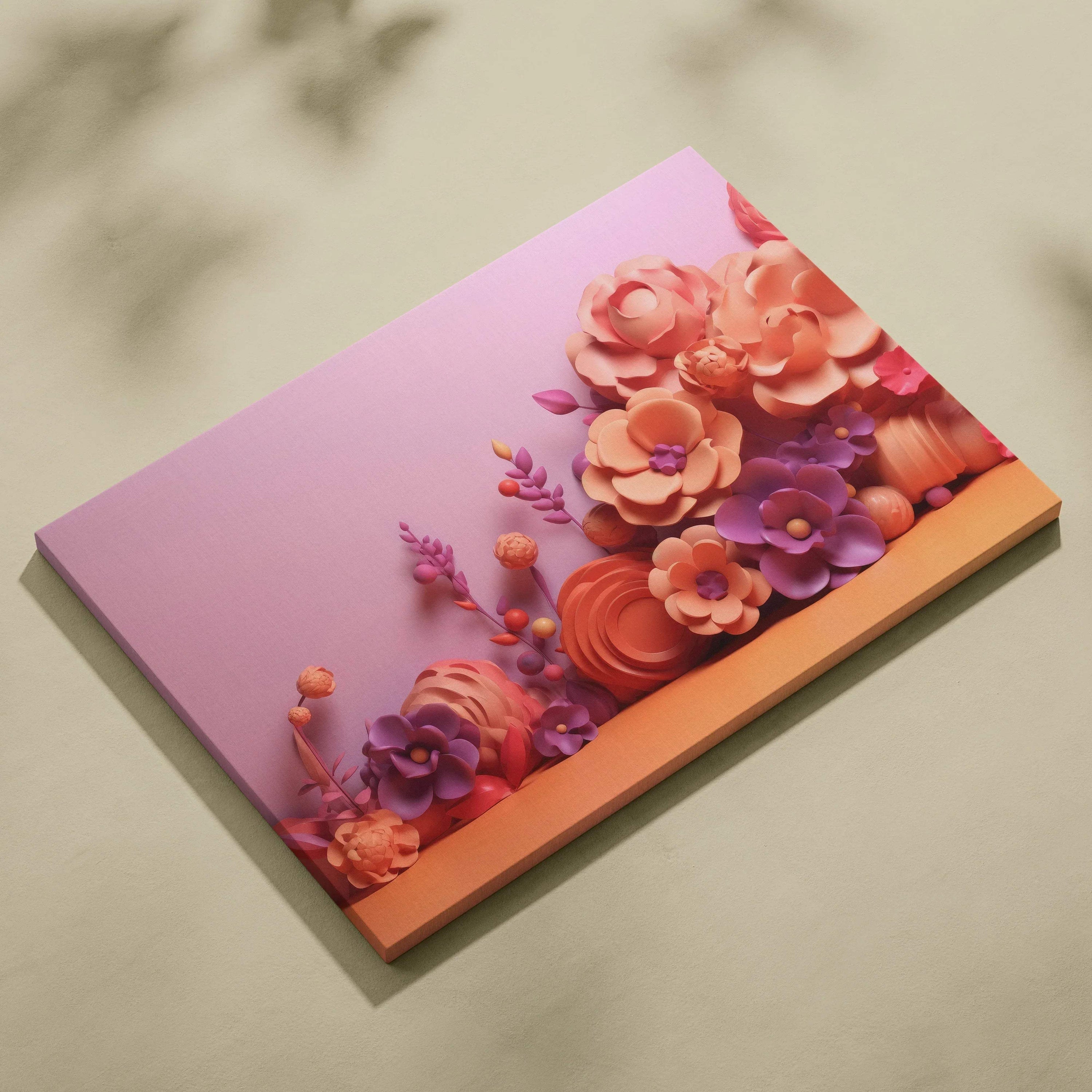 Abstract canvas wall art with pink, purple, and peach floral shapes on a light pink background.