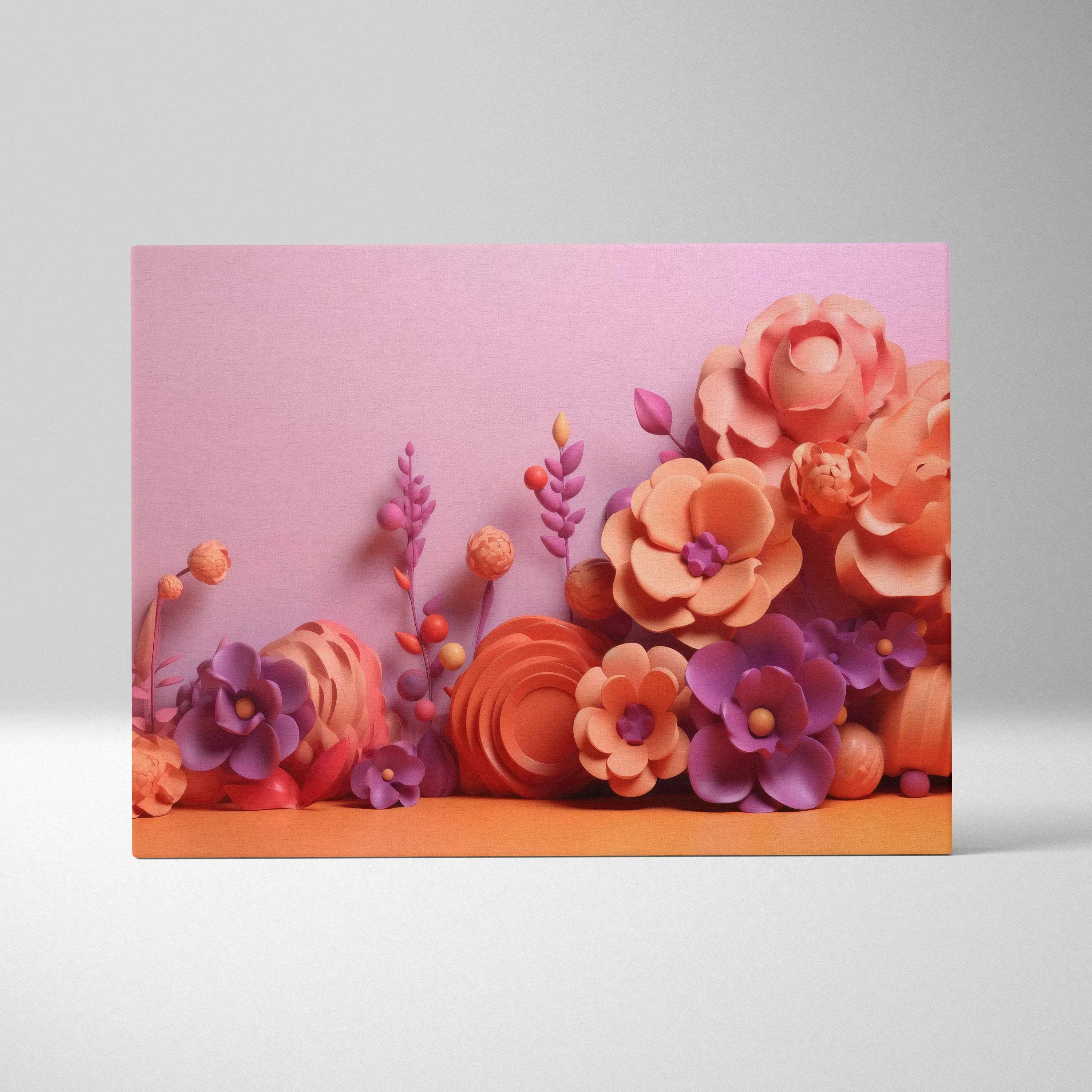 Canvas wall art with layered abstract flowers in shades of orange, pink, and purple on a pink background.