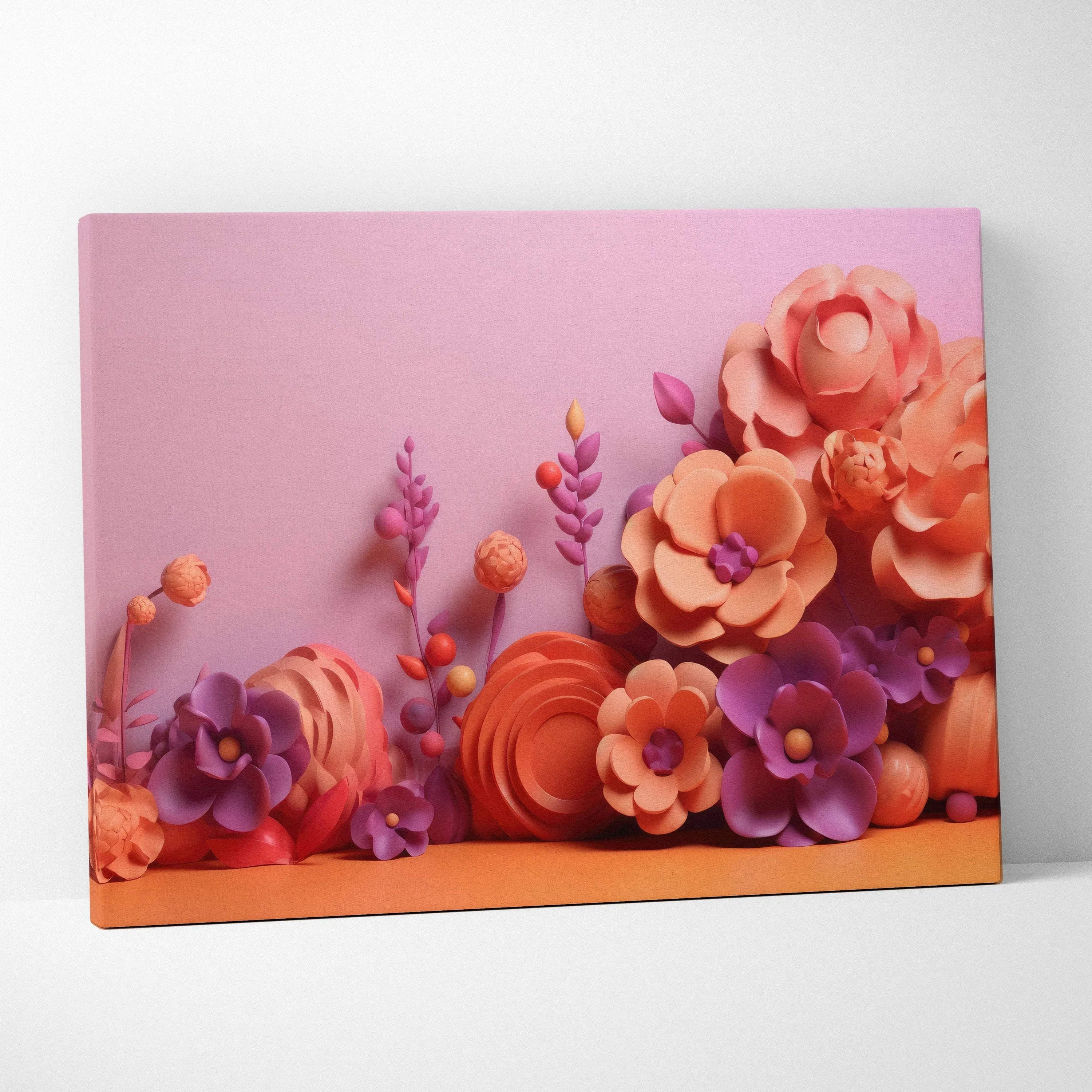 Canvas art with layered abstract flowers in shades of orange, purple, and pink against a soft pink background.