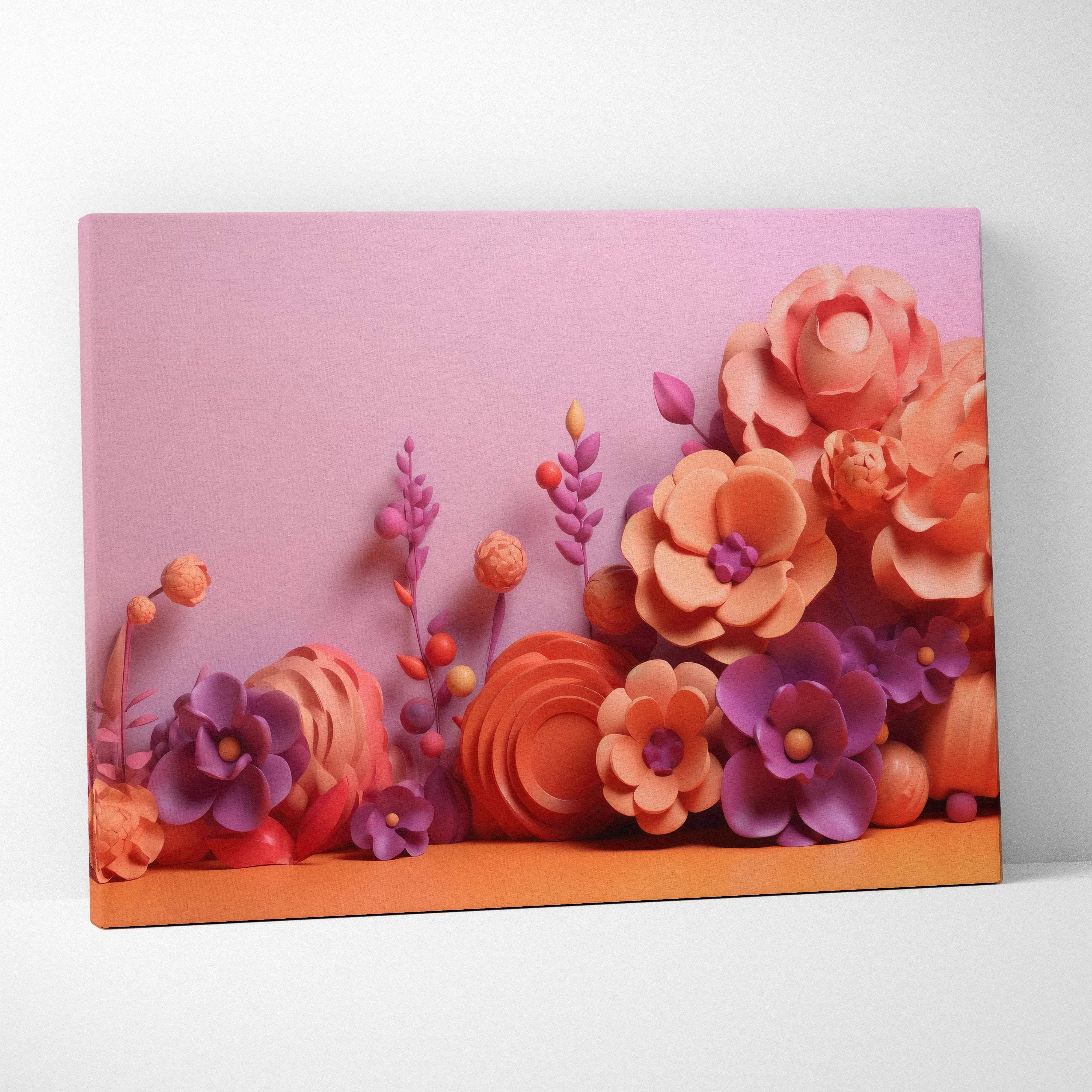 A vibrant pink canvas wall art featuring a 3D layered paper cut floral bouquet in peach orange and purple warm tones