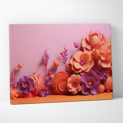 Canvas art with layered abstract flowers in shades of orange, purple, and pink against a soft pink background.