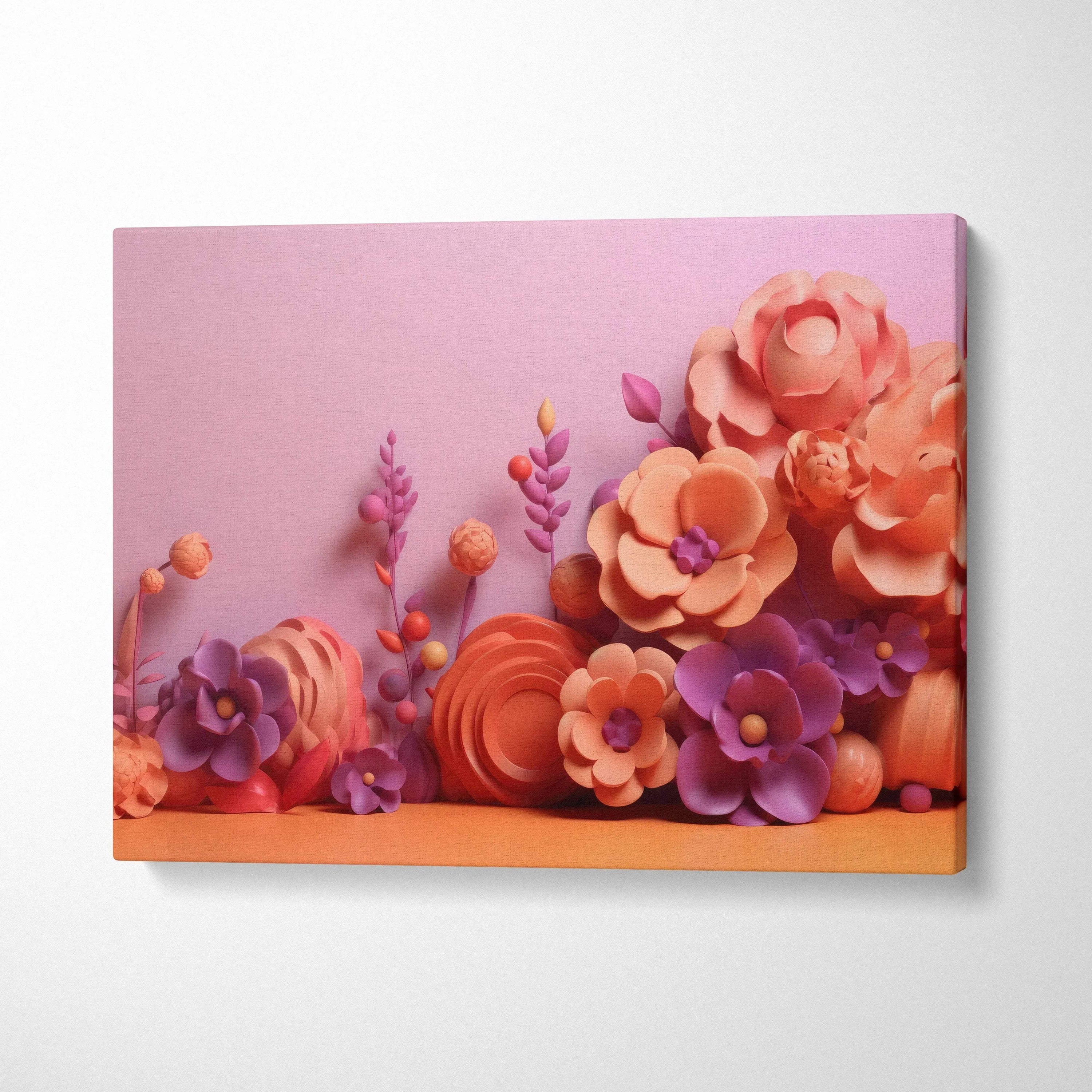 Abstract floral digital art canvas wall art with pink, orange, and purple paper flowers.