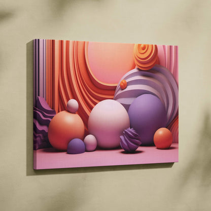 Modern abstract canvas wall art featuring rounded organic shapes in shades of pink, orange, and purple.