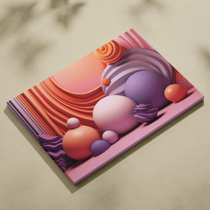 Abstract digital canvas art featuring layered spherical and curved shapes in shades of pink, purple, and orange.