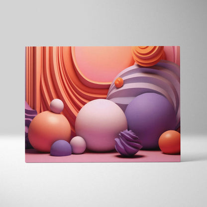 Abstract digital canvas art featuring layered curved shapes and spheres in soft peach, lavender, and purple tones.