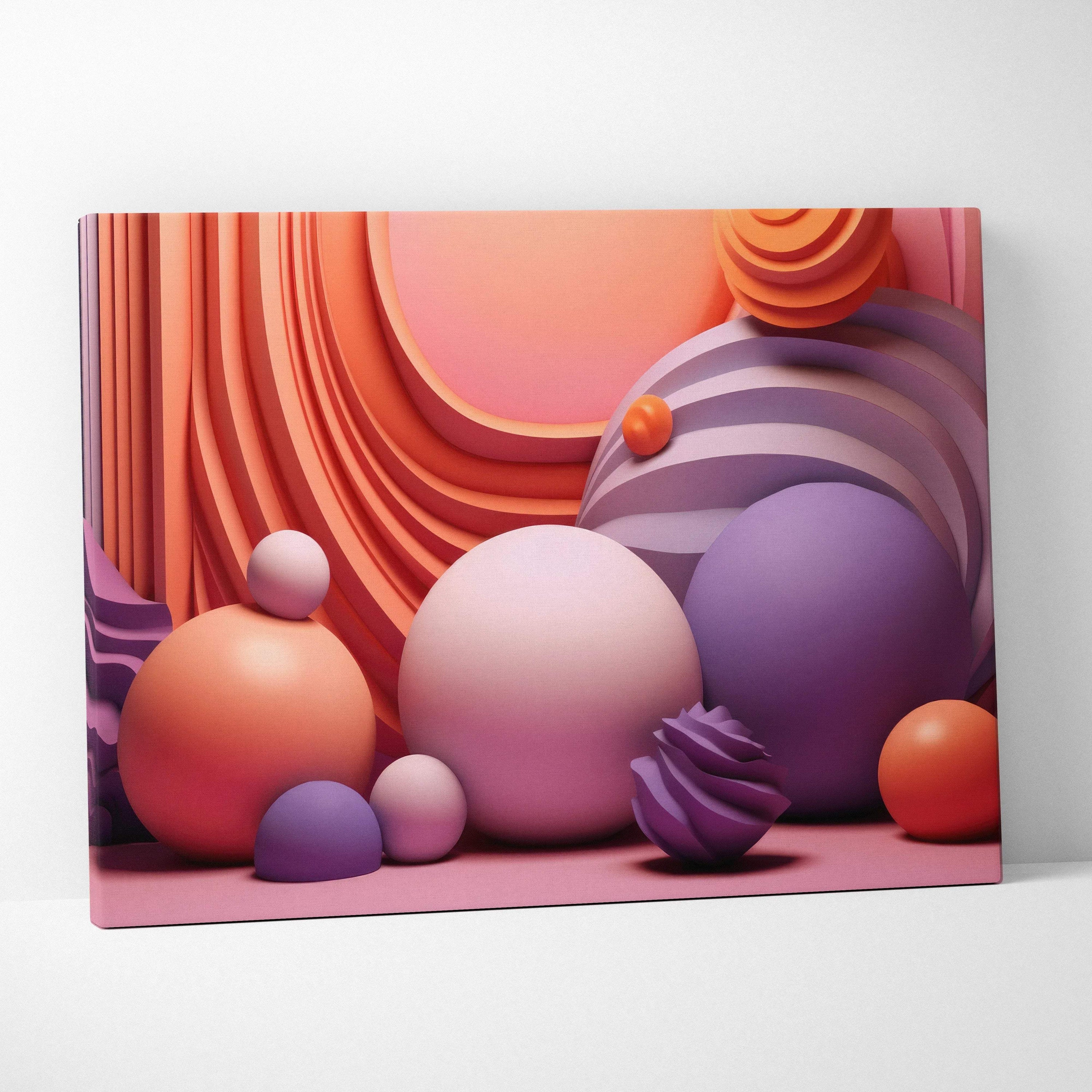 Abstract canvas wall art featuring layered rounded shapes in shades of purple, orange, and pink with smooth and textured.