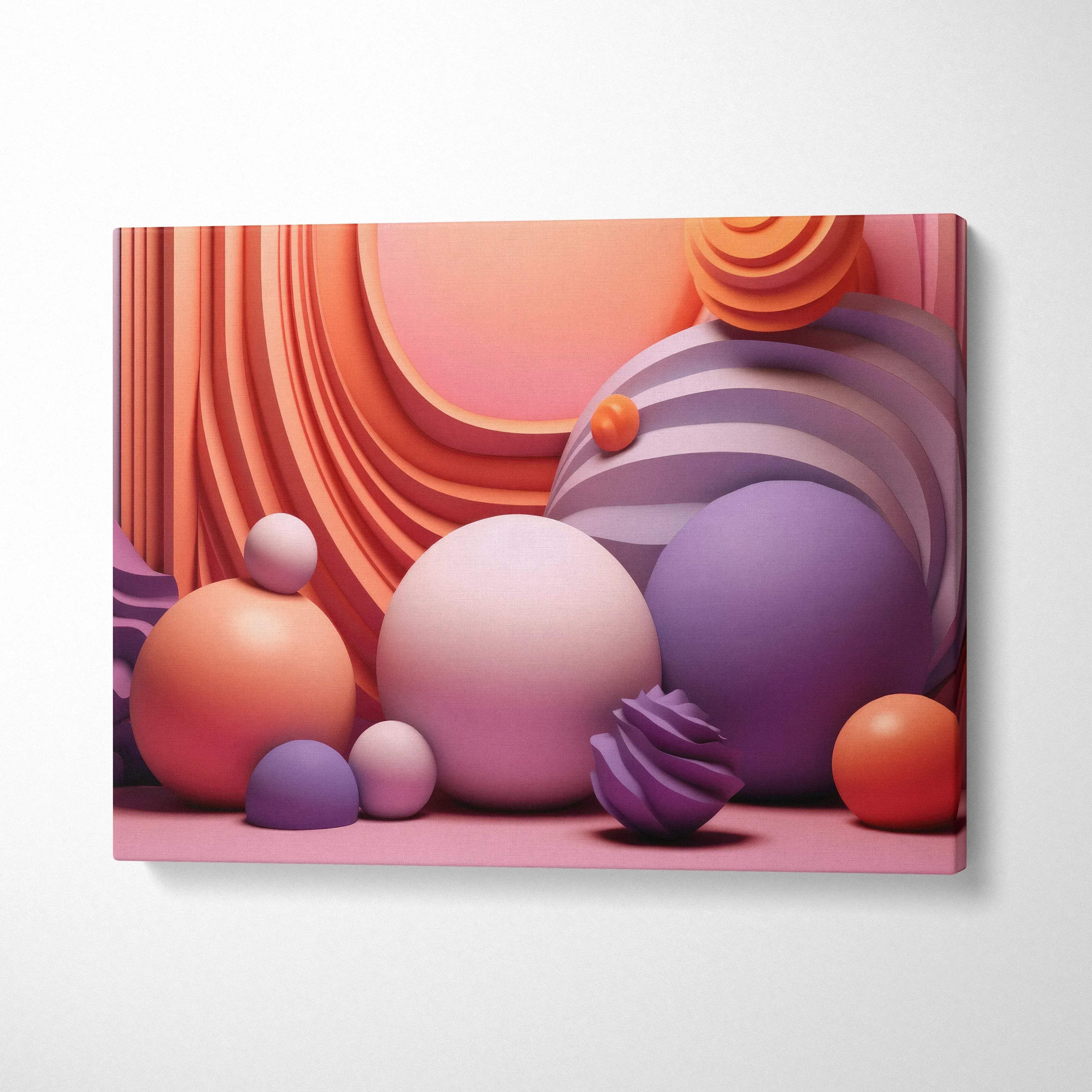 Abstract modern digital canvas wall art with layered purple and coral spheres and curved lines.