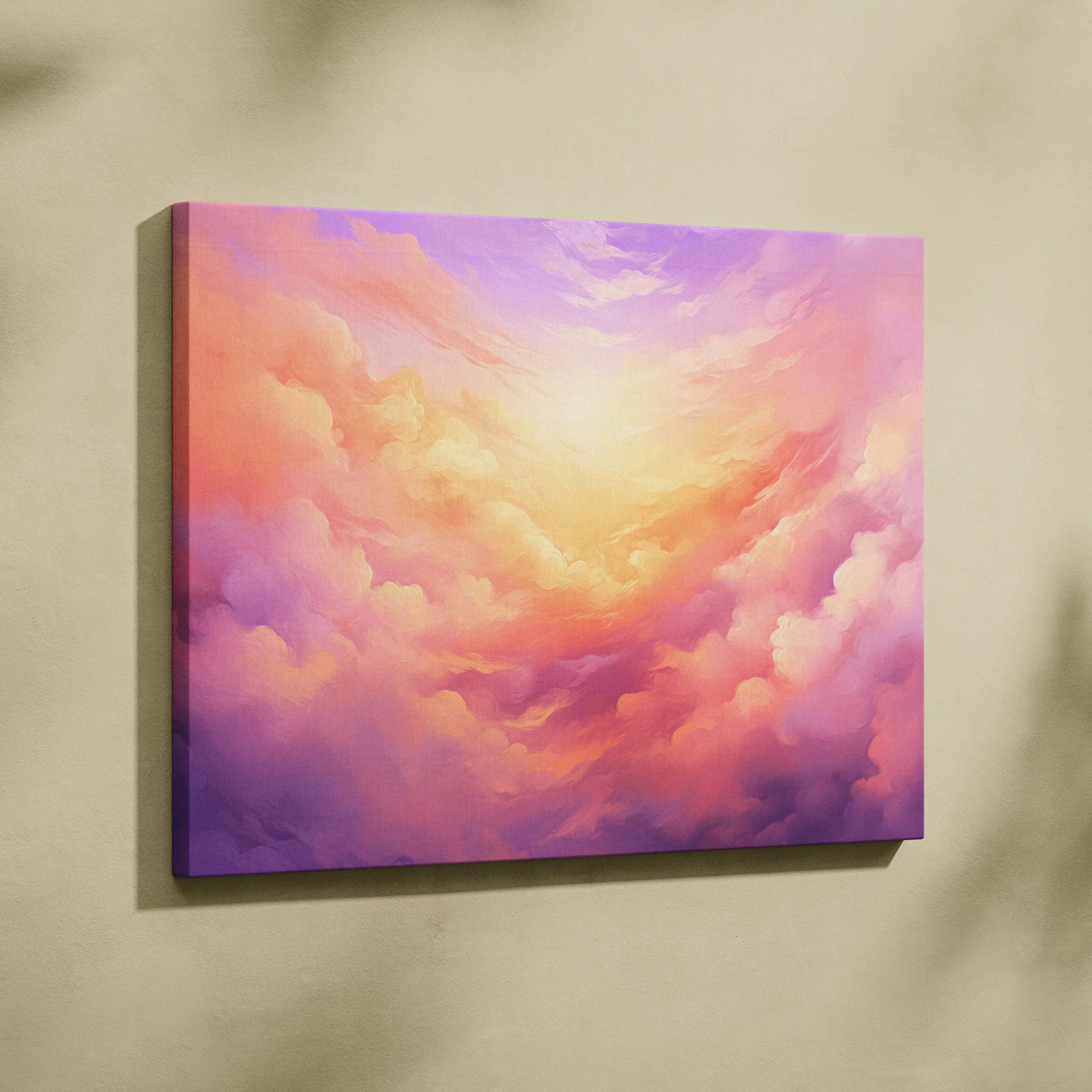 Abstract digital canvas art with soft pink, purple, and orange clouds, modern wall art decor.