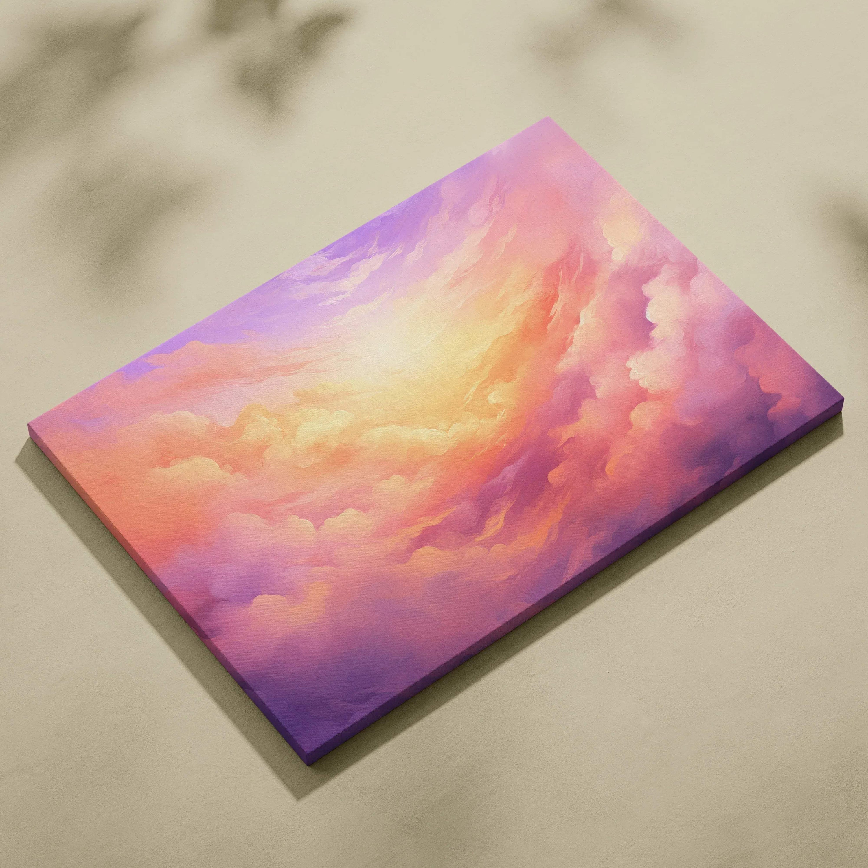 Abstract canvas art with swirling pink, purple, and orange clouds in a modern digital style.