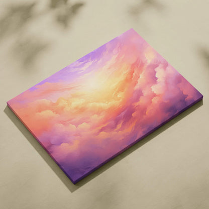 Abstract canvas art with swirling pink, purple, and orange clouds in a modern digital style.