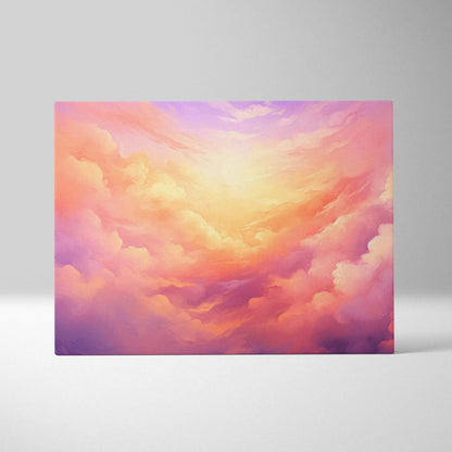 Abstract digital art canvas with warm pink, orange, and purple cloud-like swirls for modern wall decor.