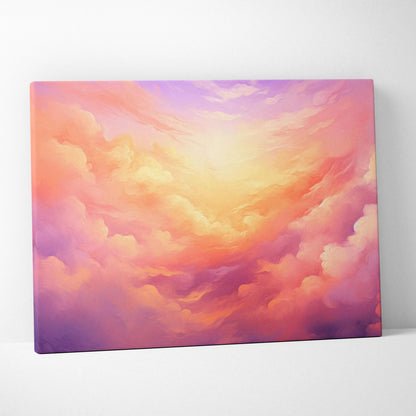 Abstract canvas art with warm pink, orange, and purple cloud-like swirls for modern wall decor.