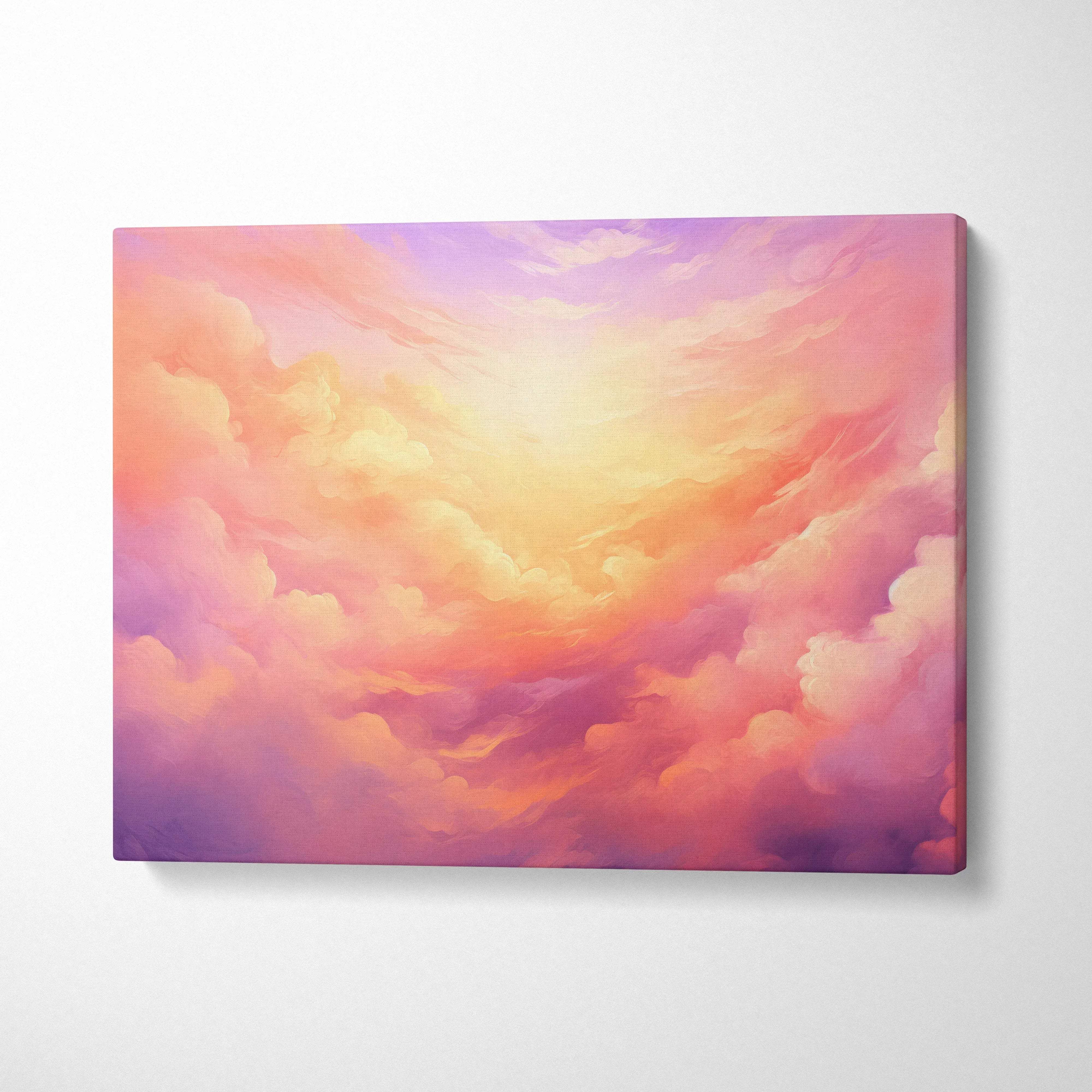 Abstract digital art canvas with warm pink, orange, and purple cloud-like swirls wall art.