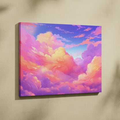 Vibrant canvas art featuring abstract clouds in pink, purple, and blue hues with soft gradient transitions.