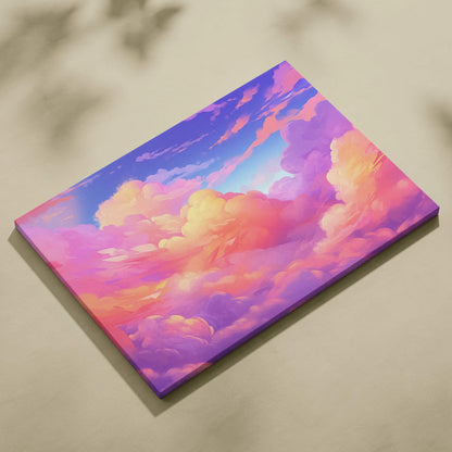 Vibrant abstract digital canvas art featuring pink and purple clouds on wall art canvas.