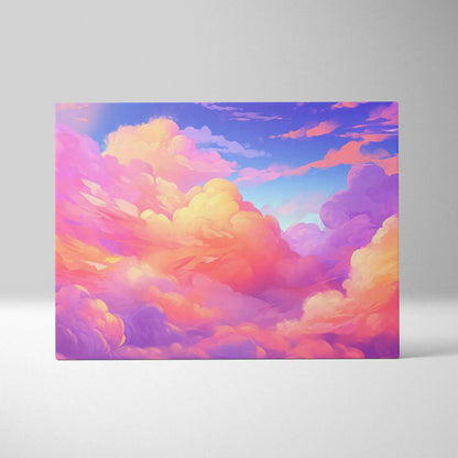 Canvas wall art featuring vibrant abstract clouds in shades of pink, orange, purple, and blue with a dreamy, digital.