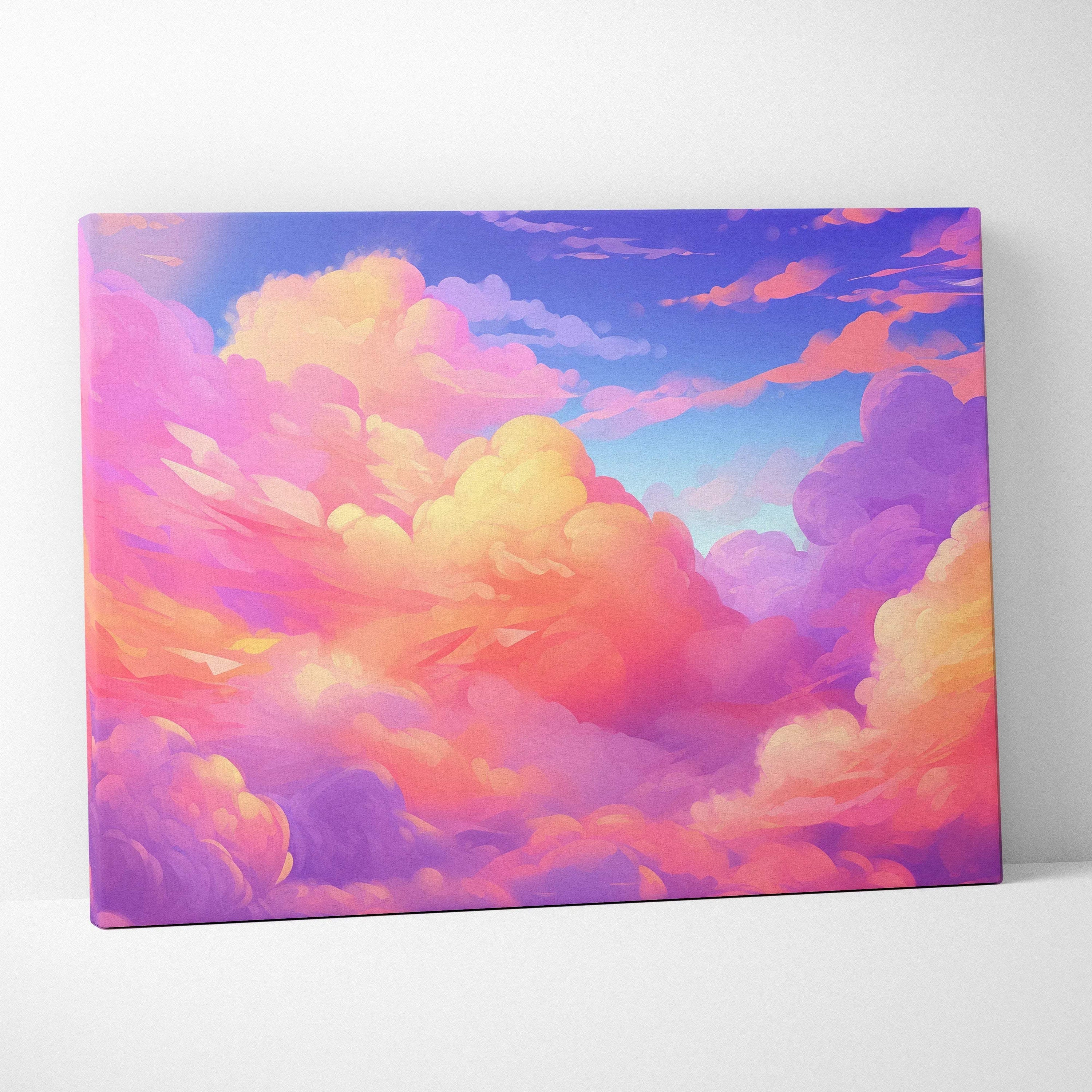 Vibrant abstract canvas wall art featuring a digital painting of pink, orange, purple, and blue clouds with soft gradients.