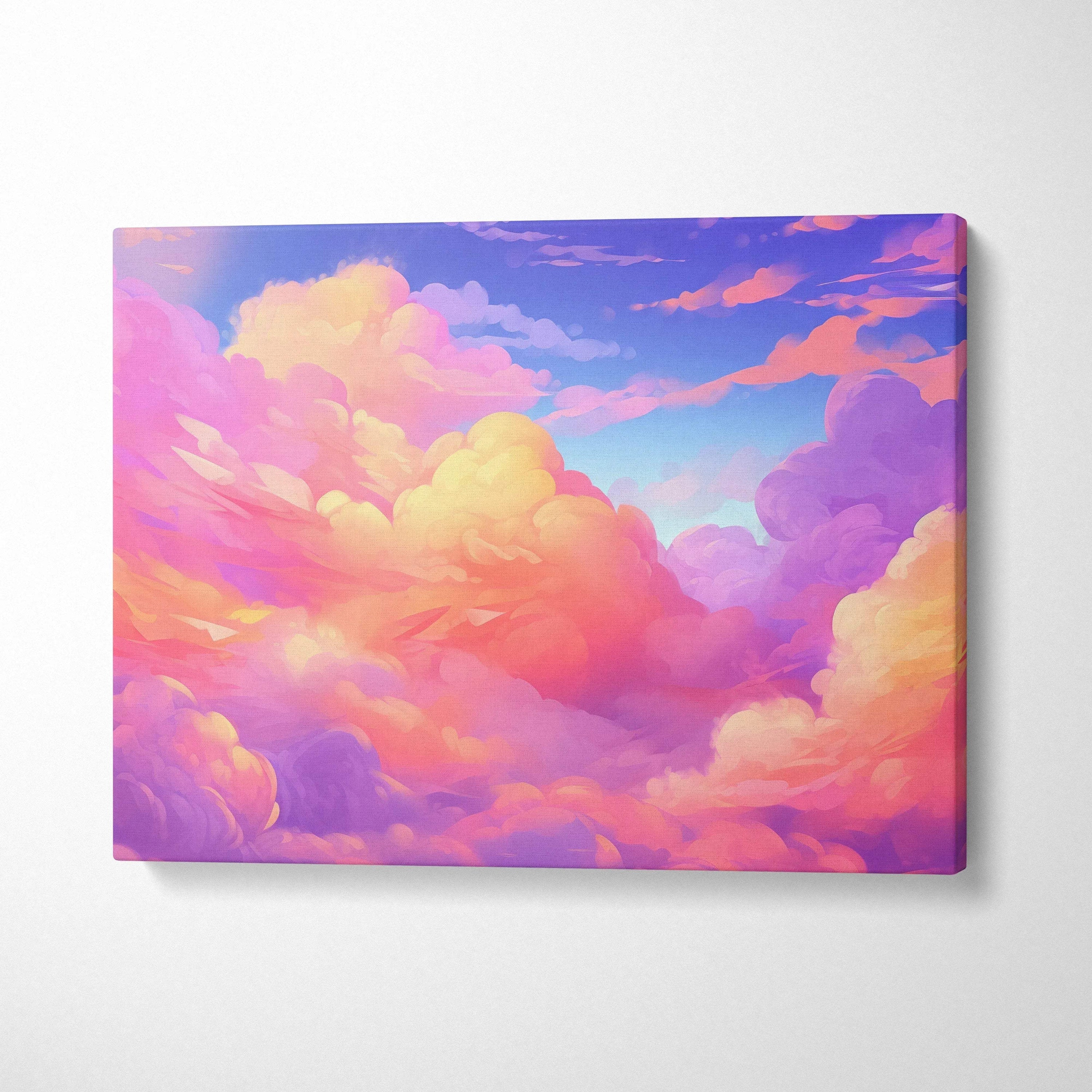 Vibrant abstract digital canvas art with pink, orange, and purple clouds on wall art canvas.