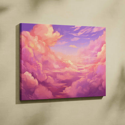 Abstract digital canvas art with vibrant pink and purple clouds and soft light effects.