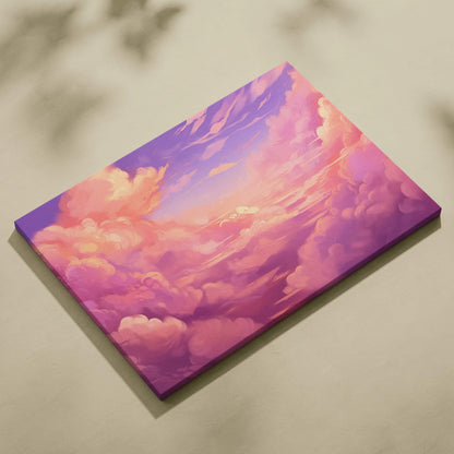 Abstract canvas wall art featuring vibrant pink and purple clouds with soft golden light accents.