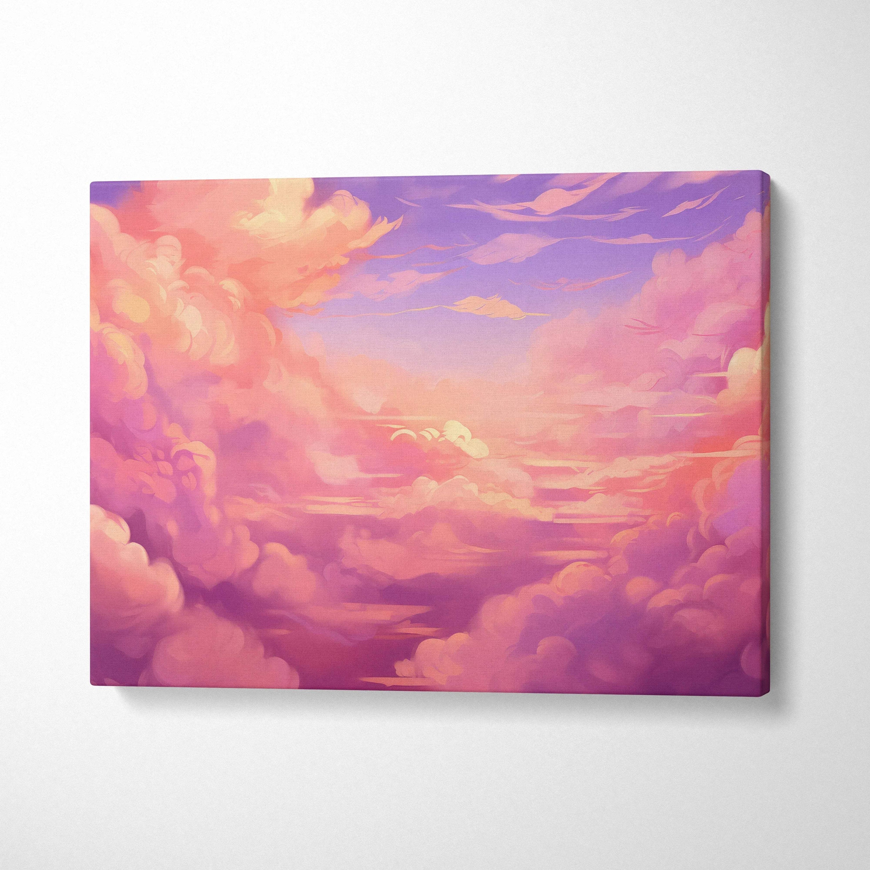 Abstract digital canvas art featuring vibrant pink and purple clouds for wall art decor.