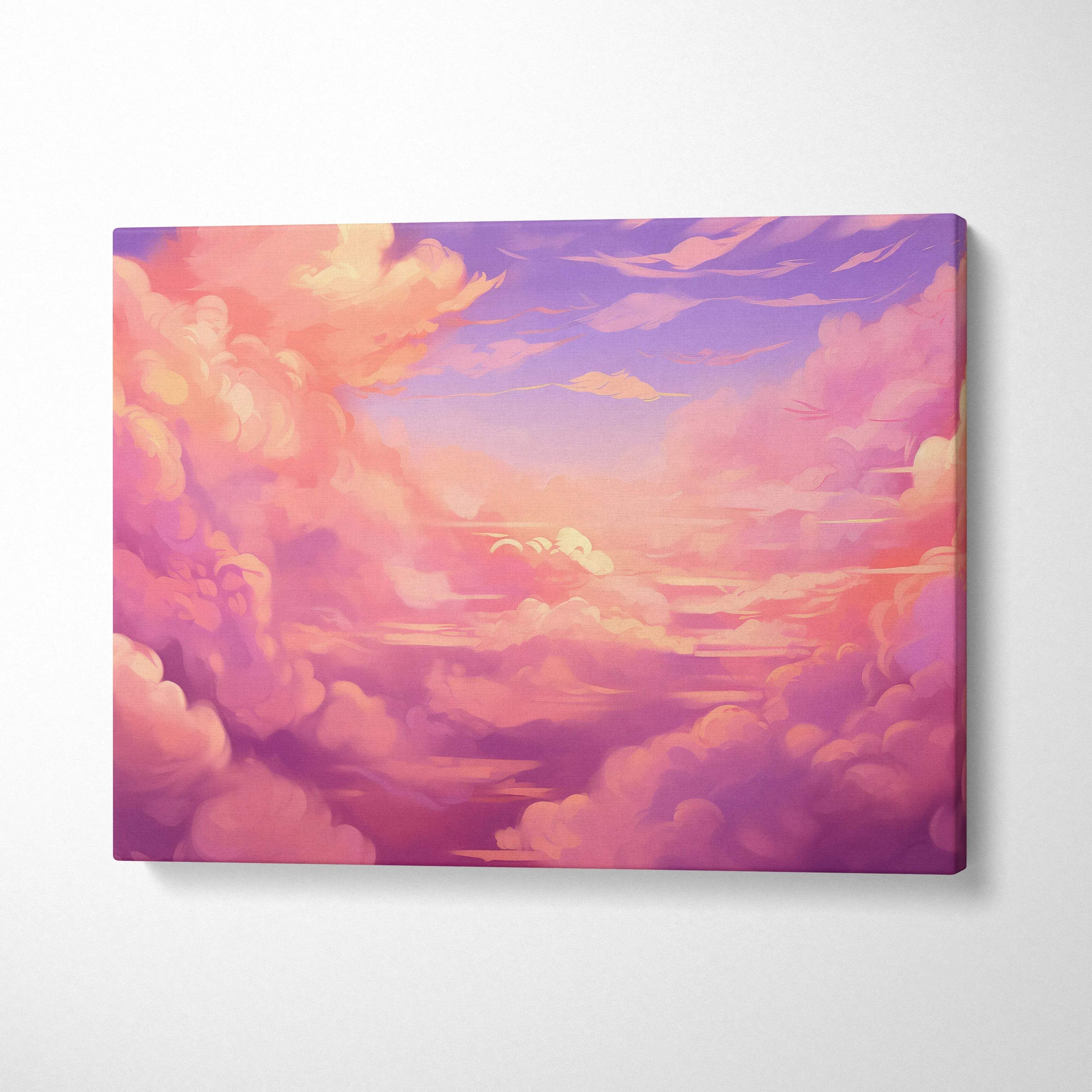 Abstract digital canvas art featuring vibrant pink and purple clouds for wall art decor.