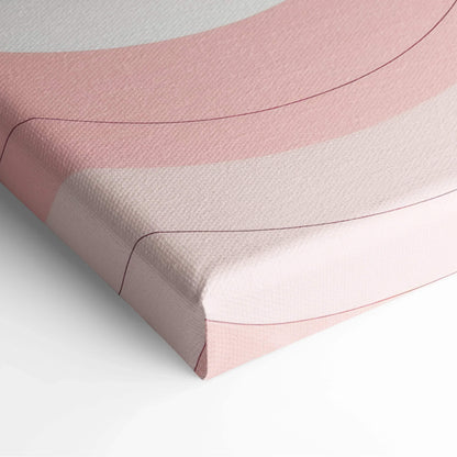 Pink and white modern abstract digital art on wrapped canvas wall art corner close-up.