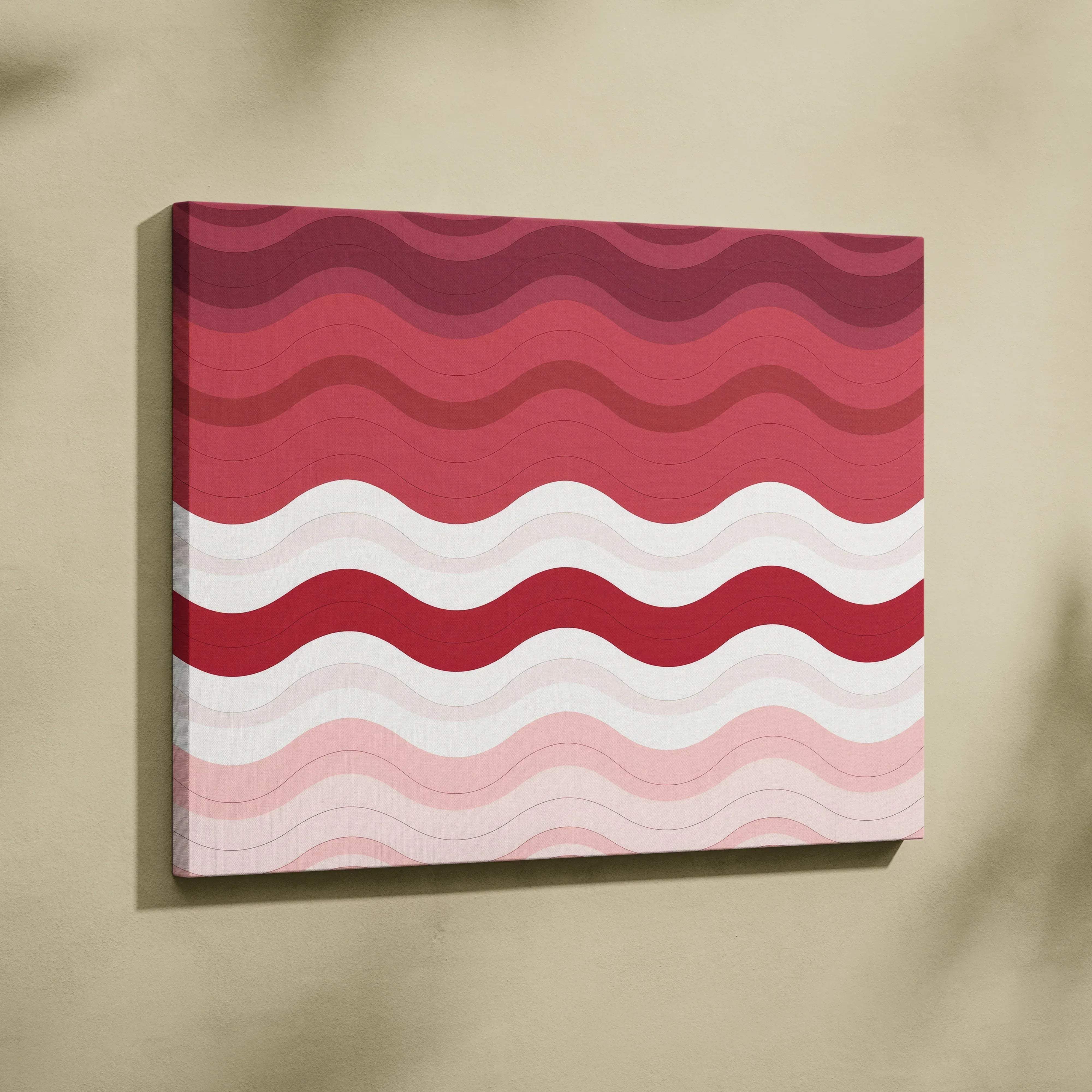 A square canvas wall art with bold wavy red and white stripes in a modern abstract warm romantic design