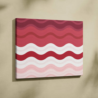 Canvas wall art featuring horizontal wavy stripes in shades of red, pink, and white with a modern abstract design.