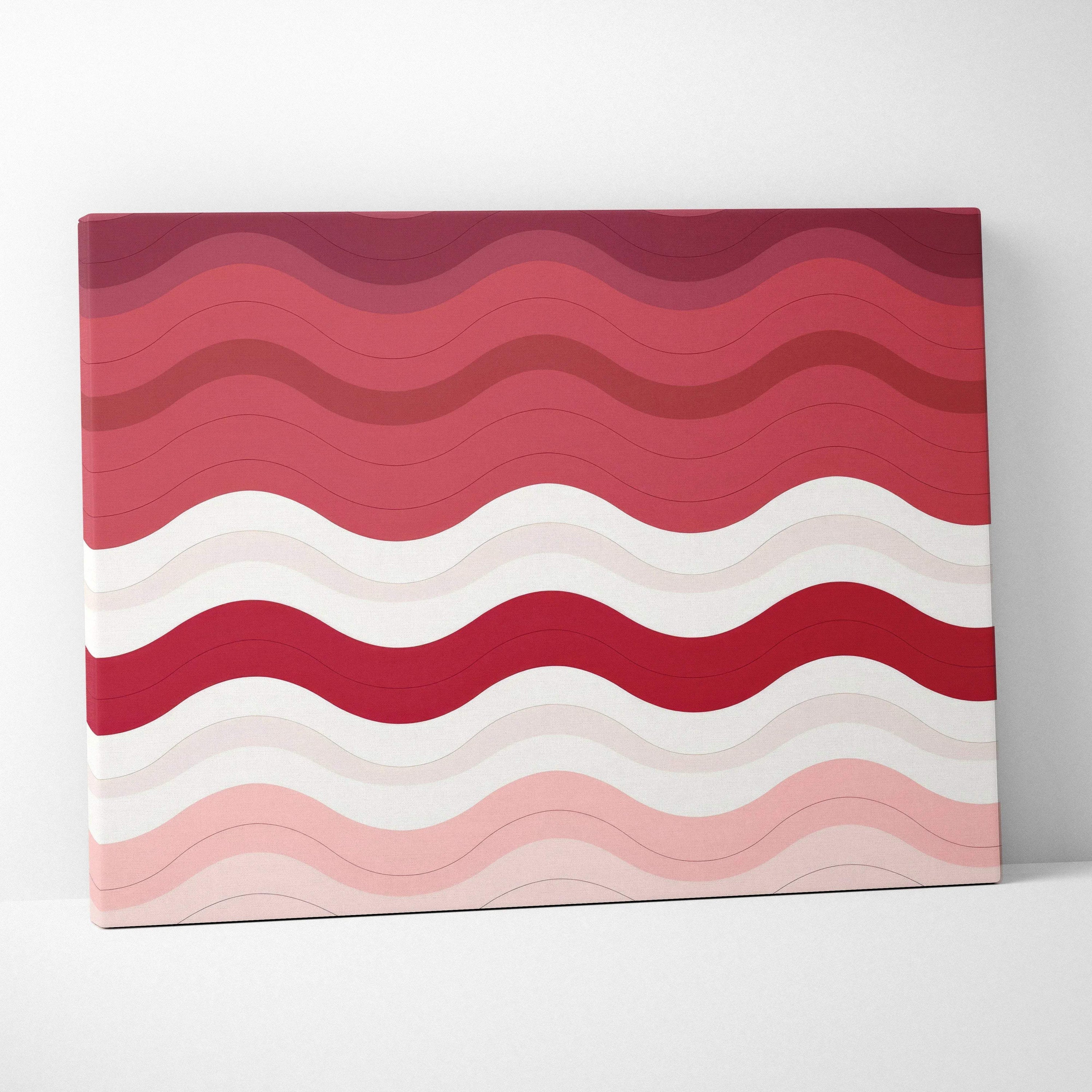 Abstract wavy lines in shades of red, pink, and white on modern canvas wall art.
