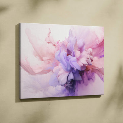 Abstract digital art canvas wall art with soft pink and purple swirling floral shapes.
