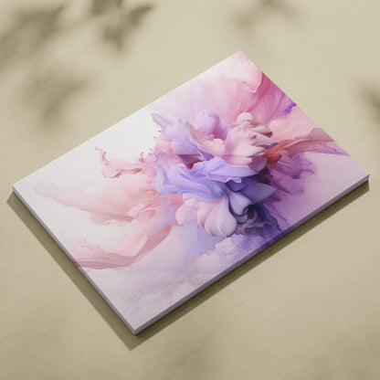 Abstract digital art canvas wall print with soft pink and purple swirling shapes on a smooth canvas surface.