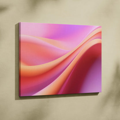 Abstract canvas wall art with fluid pink, peach, and purple waves in a smooth gradient design.