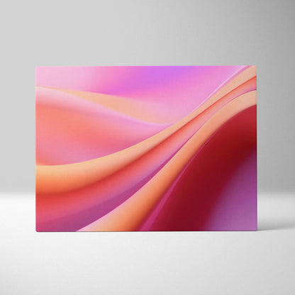 Abstract canvas wall art featuring smooth flowing waves in vibrant pink, peach, and purple tones.
