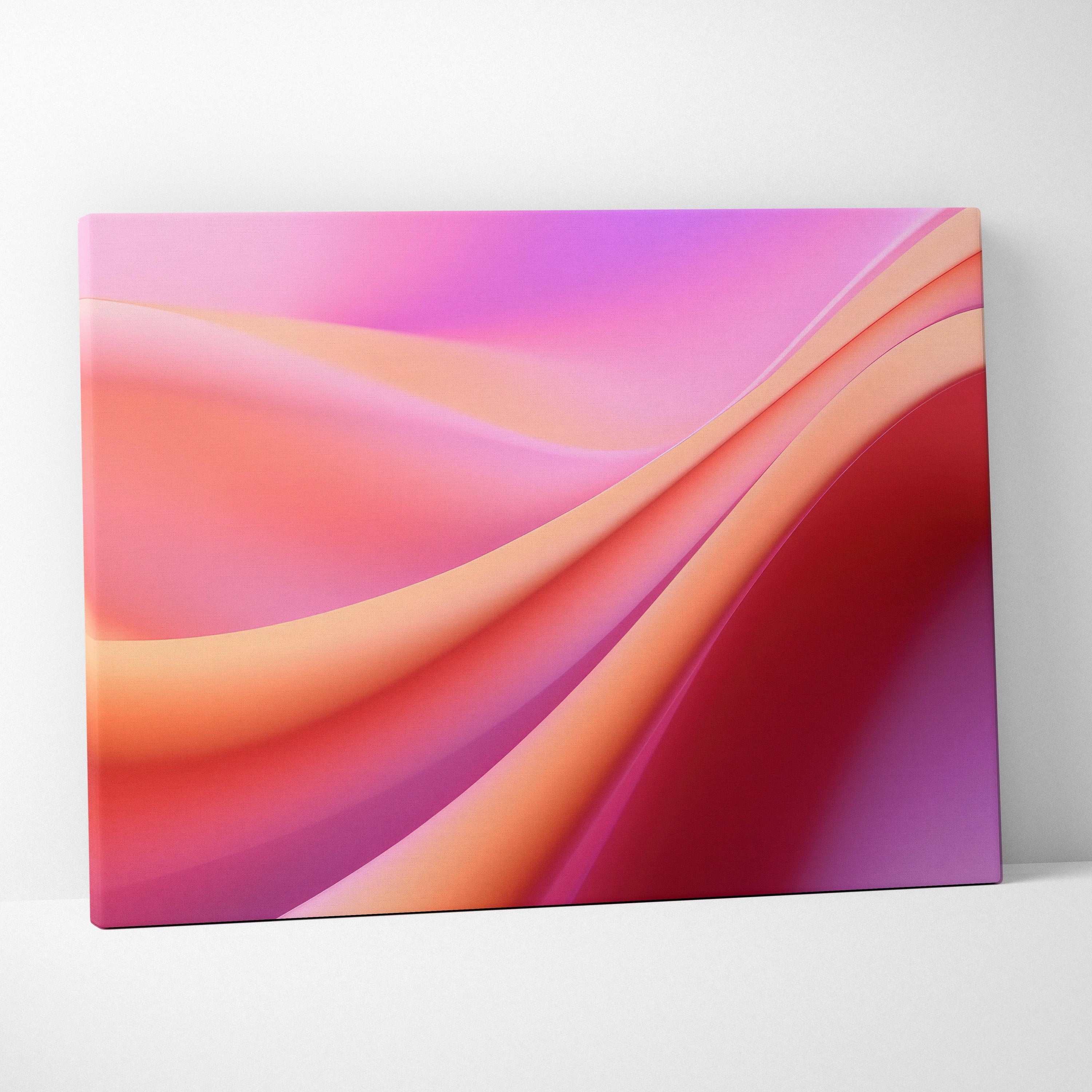 Abstract canvas wall art with smooth flowing curves in shades of pink, orange, and purple.