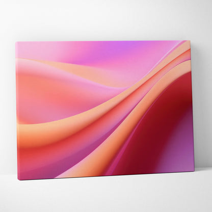 Abstract canvas wall art with smooth flowing curves in shades of pink, orange, and purple.