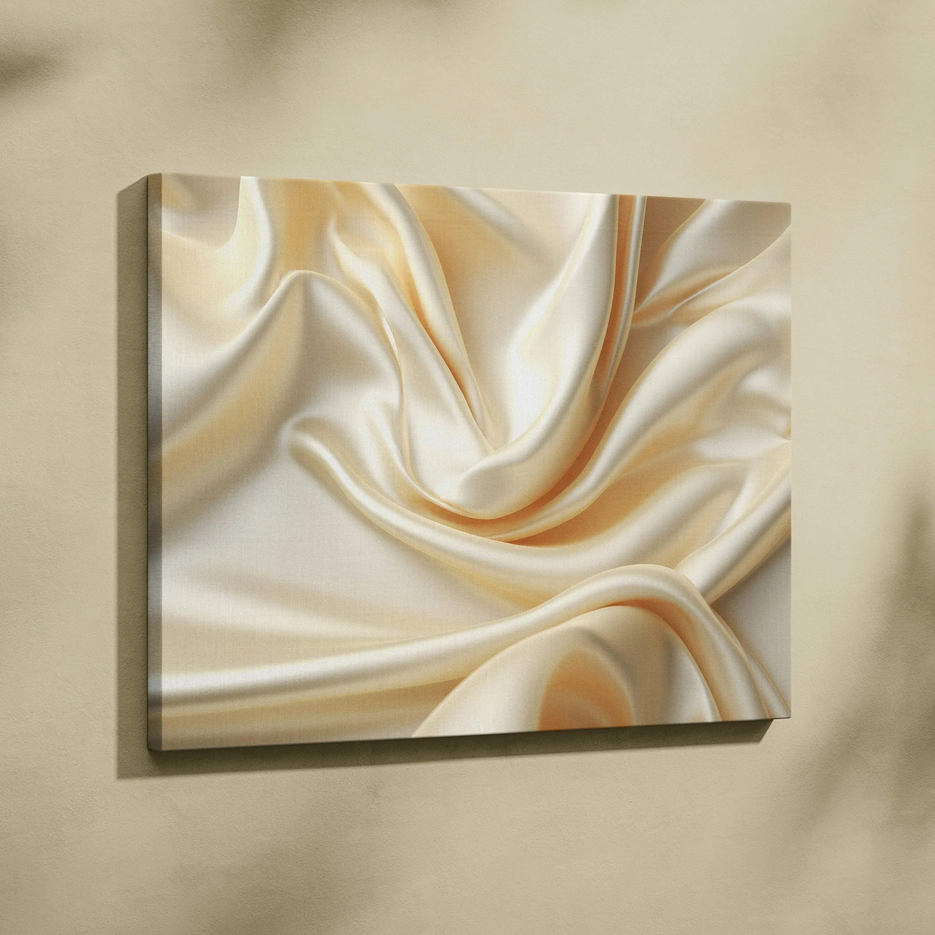 Abstract digital art canvas print featuring smooth, flowing cream and beige silk folds, elegant wall art.
