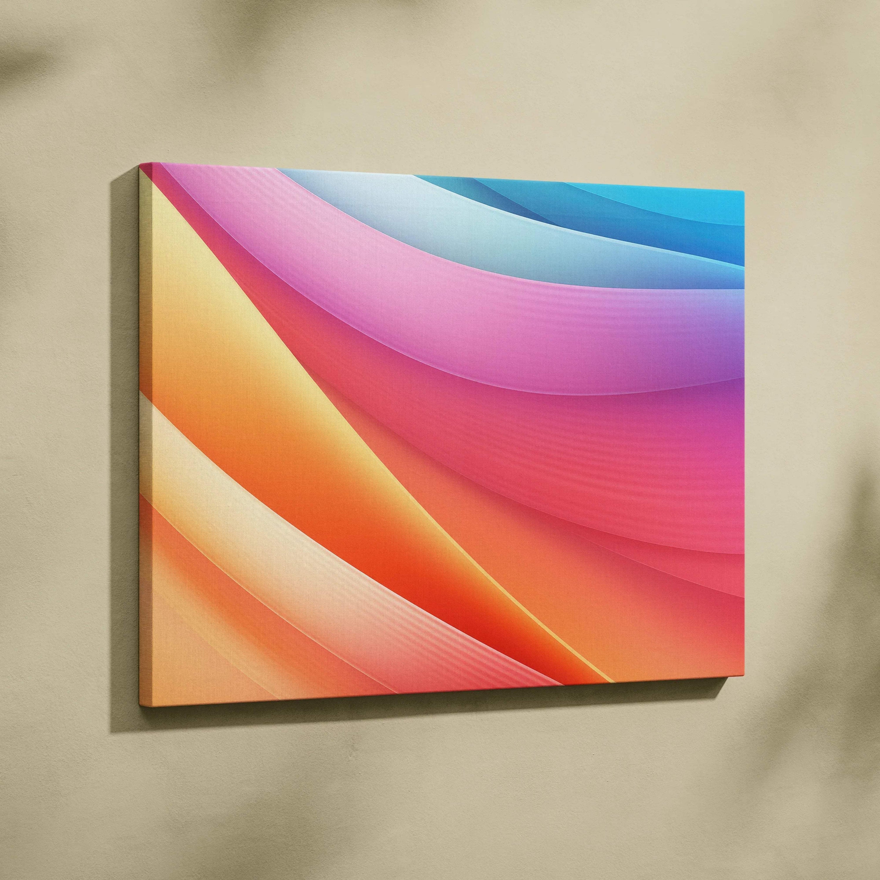 Abstract digital art canvas wall art with flowing pink, orange, and blue curves on canvas.