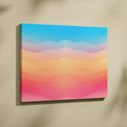 Abstract digital wall art canvas with layered pastel waves in blue, pink, and peach tones.