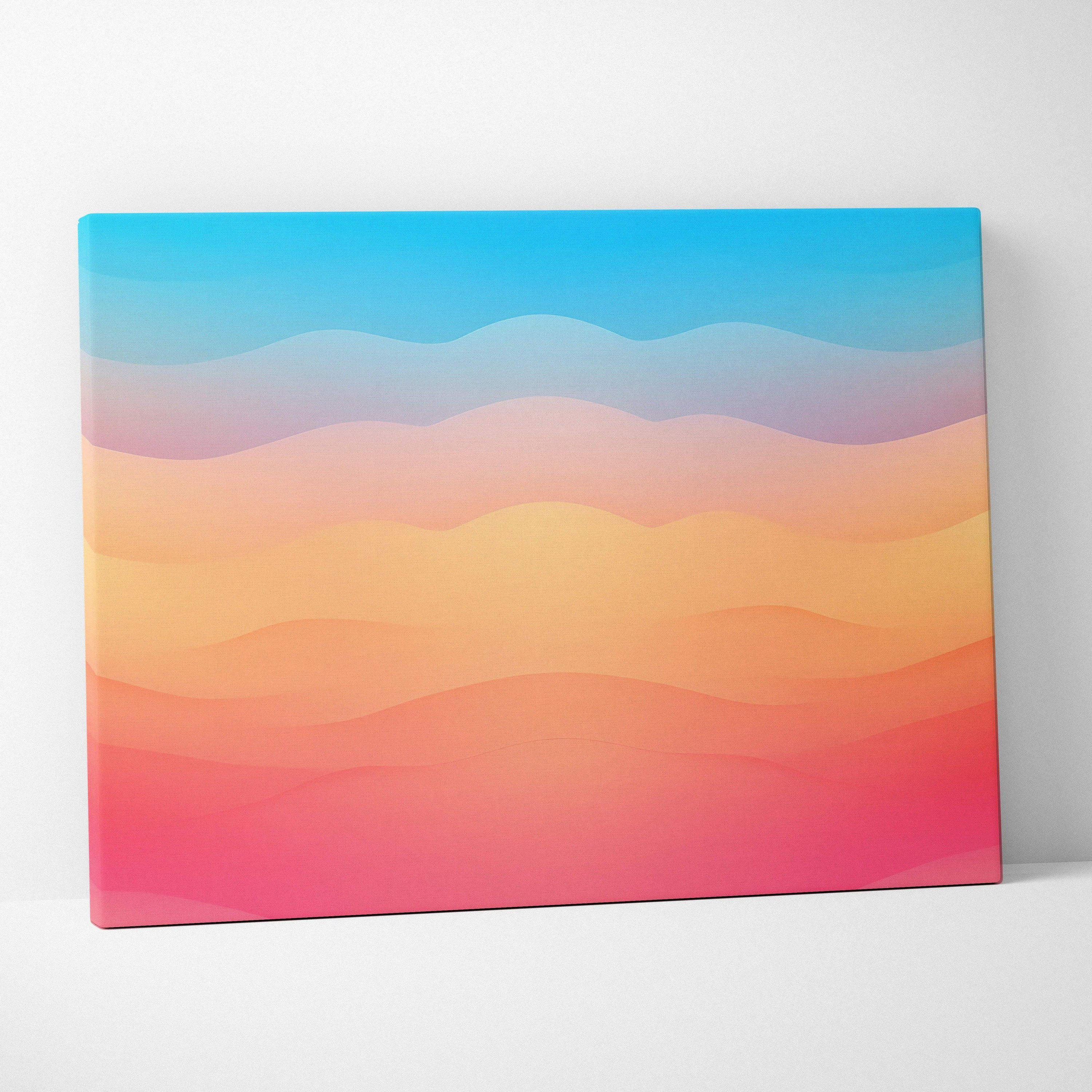 Colorful abstract canvas art with smooth wavy layers in blue, pink, orange, and purple tones.