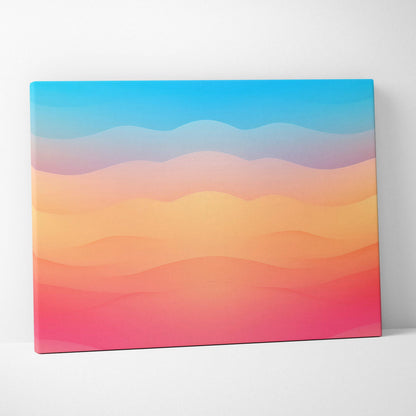 Colorful abstract canvas art with smooth wavy layers in blue, pink, orange, and purple tones.