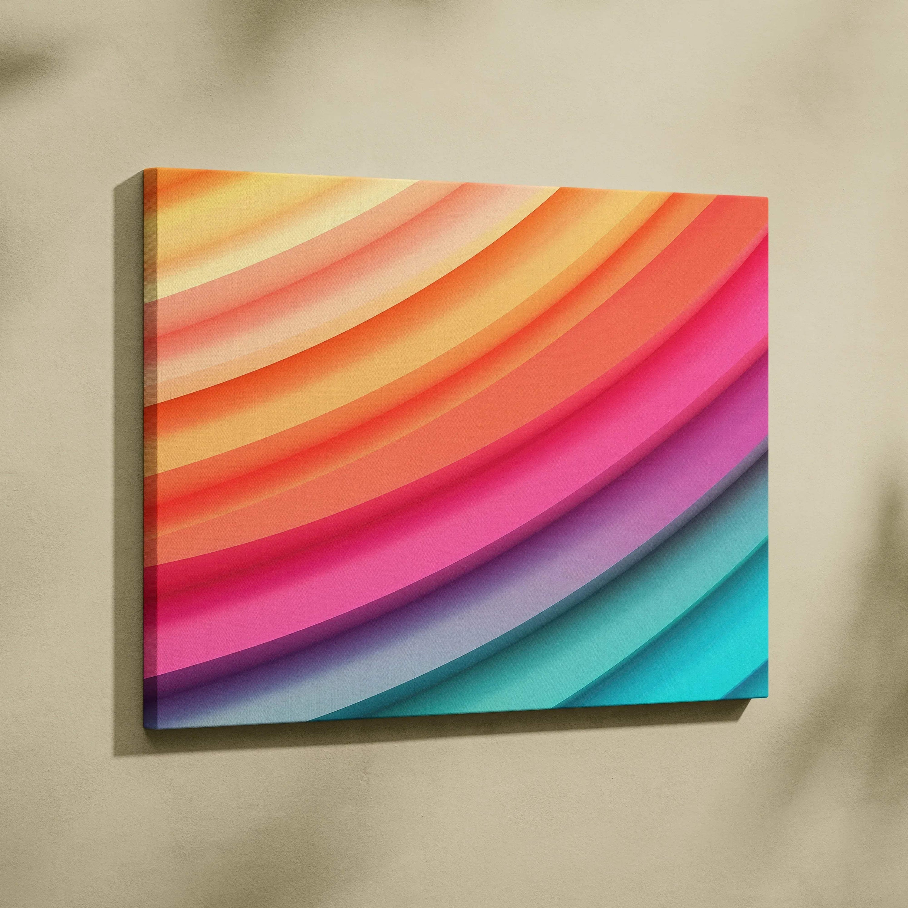 Abstract colorful curved stripes canvas wall art with vibrant orange, pink, purple, and blue tones.