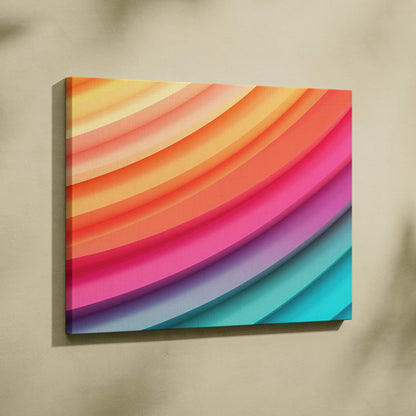 Abstract colorful curved stripes canvas wall art with vibrant orange, pink, purple, and blue tones.