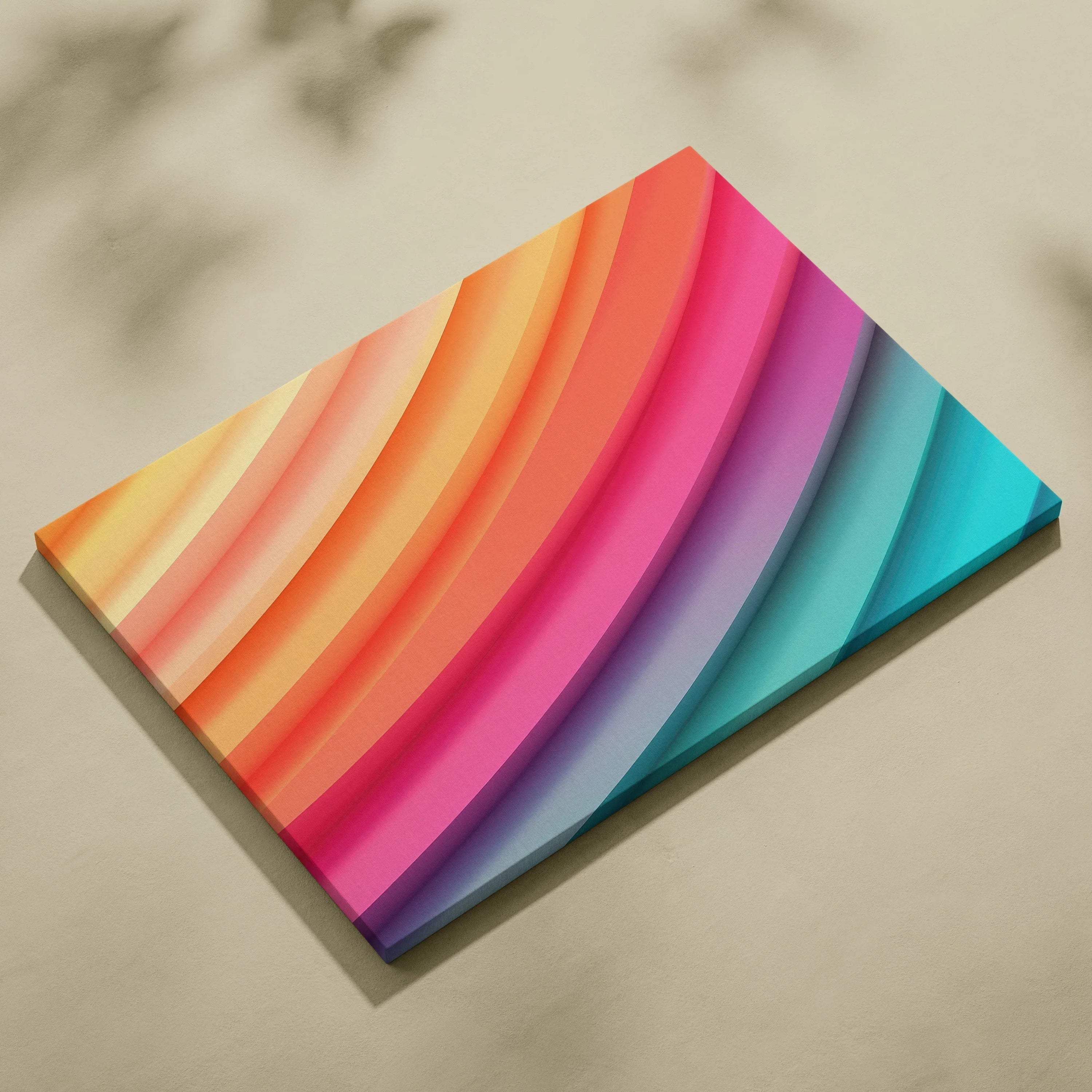 Abstract digital art canvas wall art with layered curved stripes in orange, pink, purple, and turquoise tones.