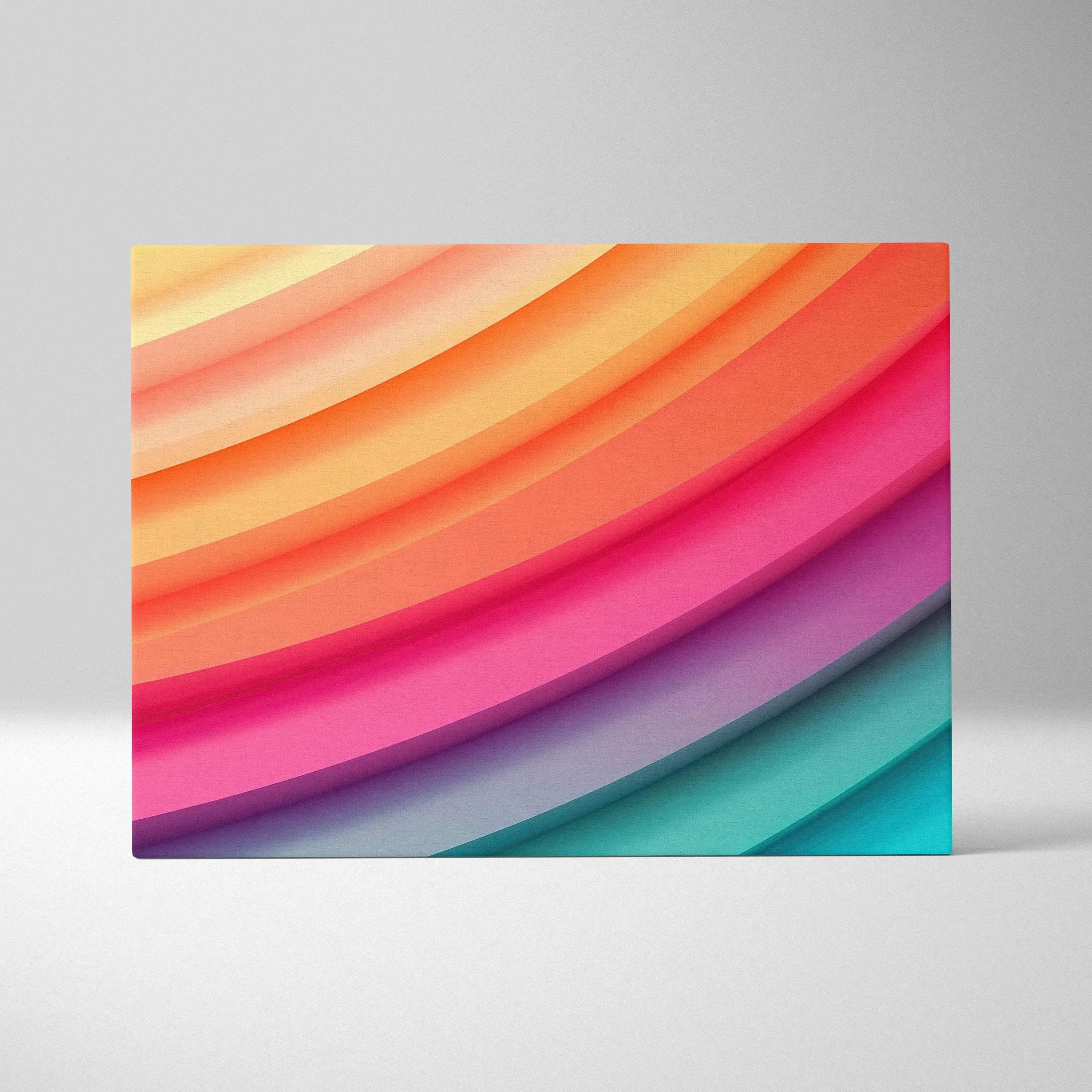 Abstract canvas art with smooth, curved bands in orange, pink, purple, and teal tones on wall art canvas.