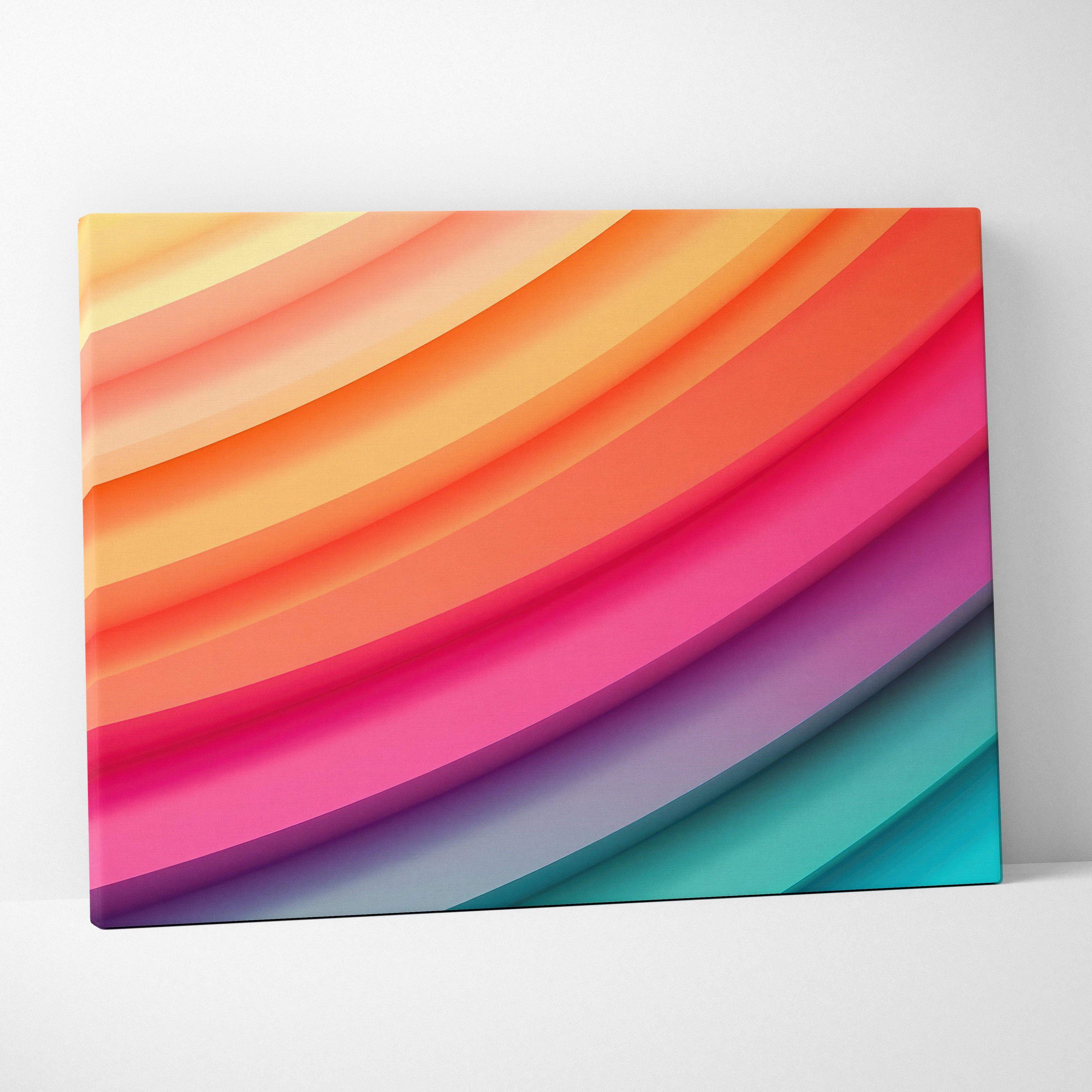 A vibrant canvas print of abstract rainbow waves with smooth diagonal stripes transitioning from orange to purple