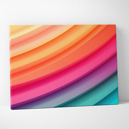 Abstract digital art canvas wall art with bold curved stripes in orange, pink, purple, and teal tones.